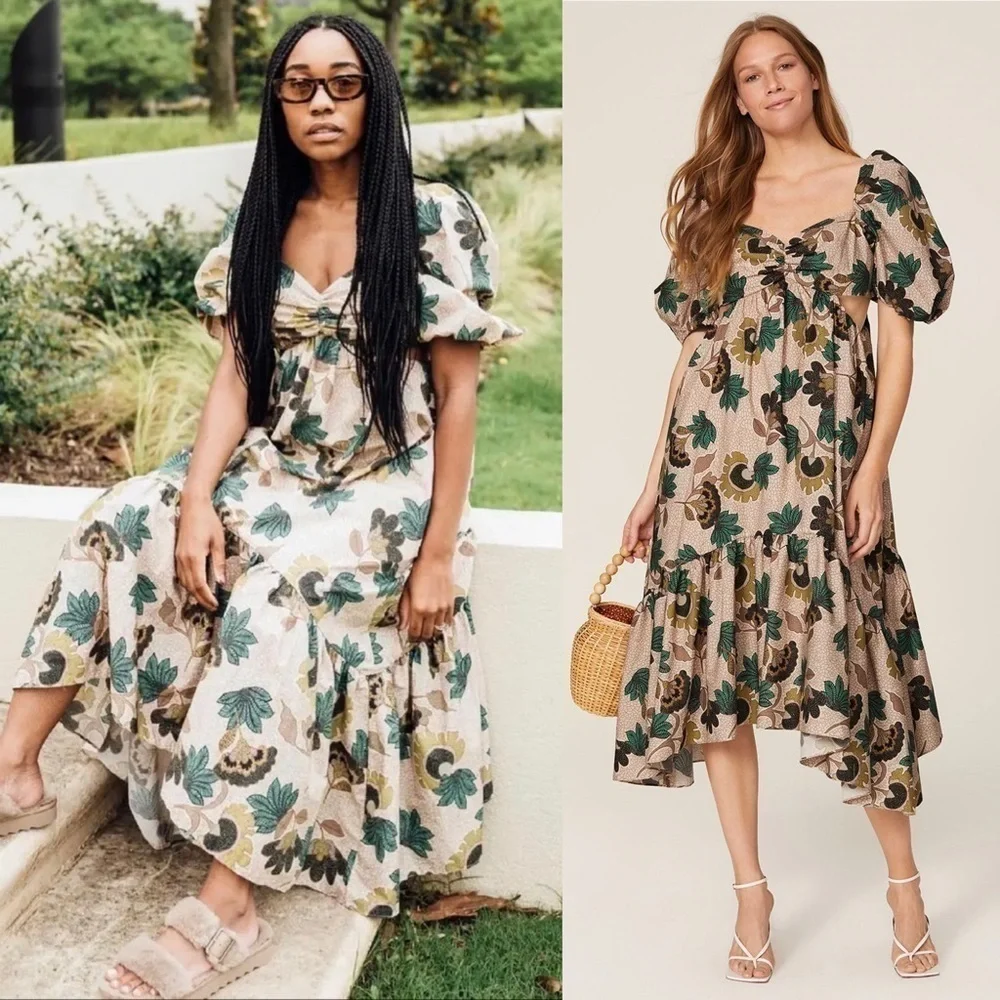 AUTUMN ADEIGBO Floral Print Puff Short Sleeve Cutout Tiered Ruffle Midi Dress 16
